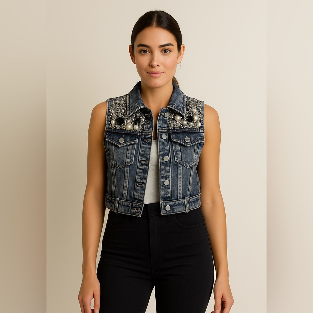 Custom Embellished Denim Vest Blue Jean Sleeveless Jacket M/L Statement Piece